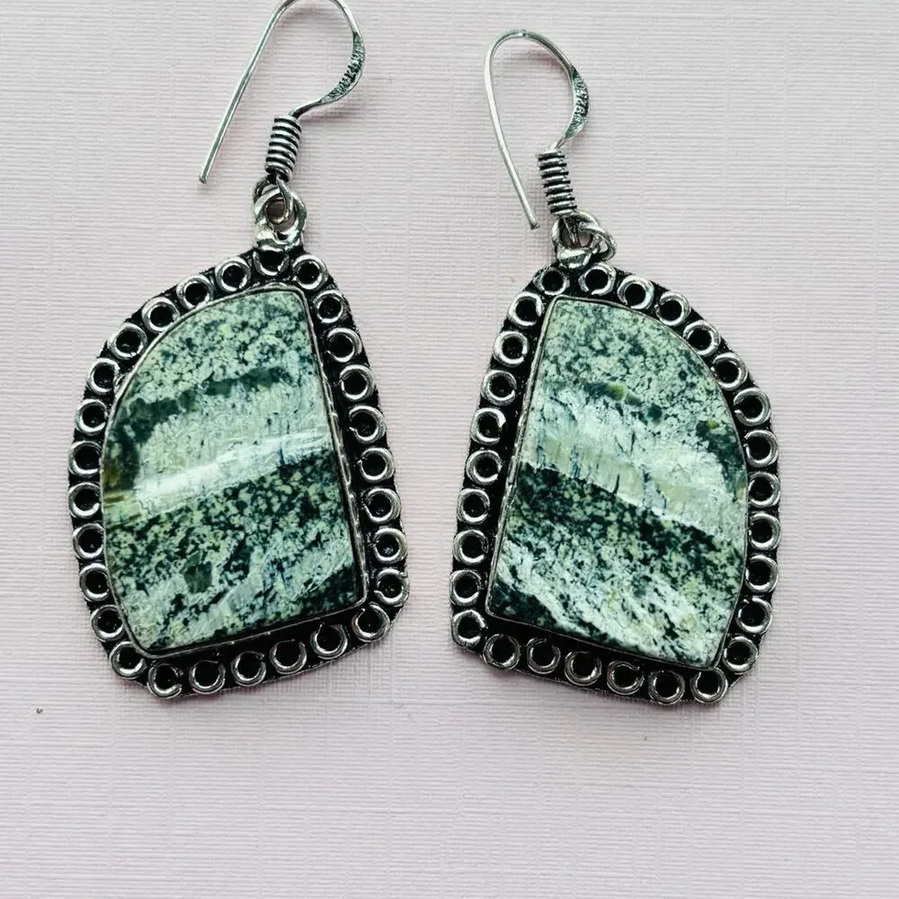 925 Sterling Silver Line Jasper Dangle Earrings